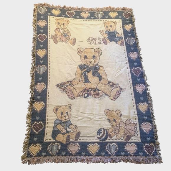 Vintage 1994 Teddy Bear Woven Throw Blanket with Hearts Fringe - Picture 1 of 12